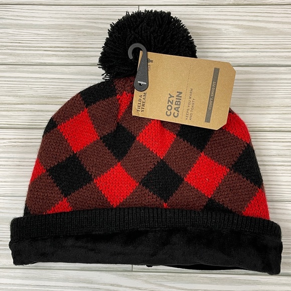 Field & Stream Cozy Cabin Black, Brown and Red Plaid Knit Beanie Hat NWT - Picture 3 of 8